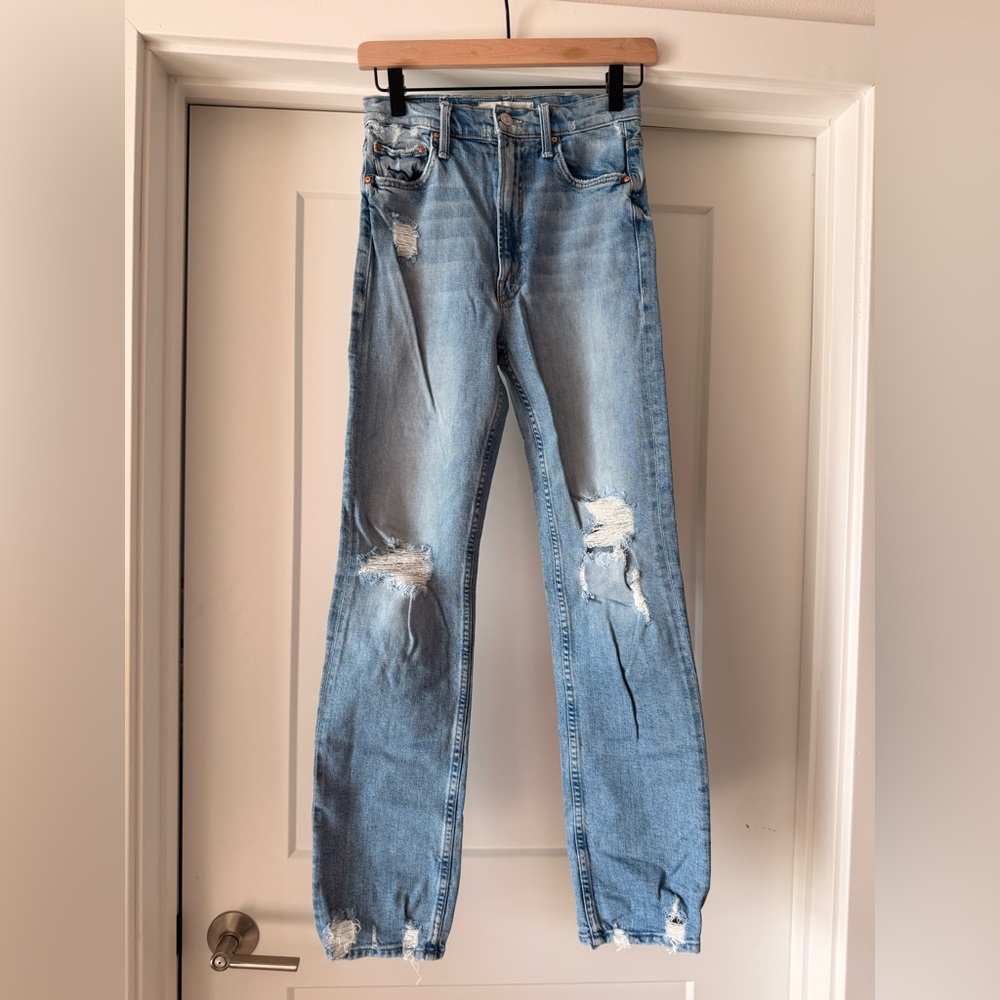 MOTHER Light Blue Distressed Straight Leg Jeans